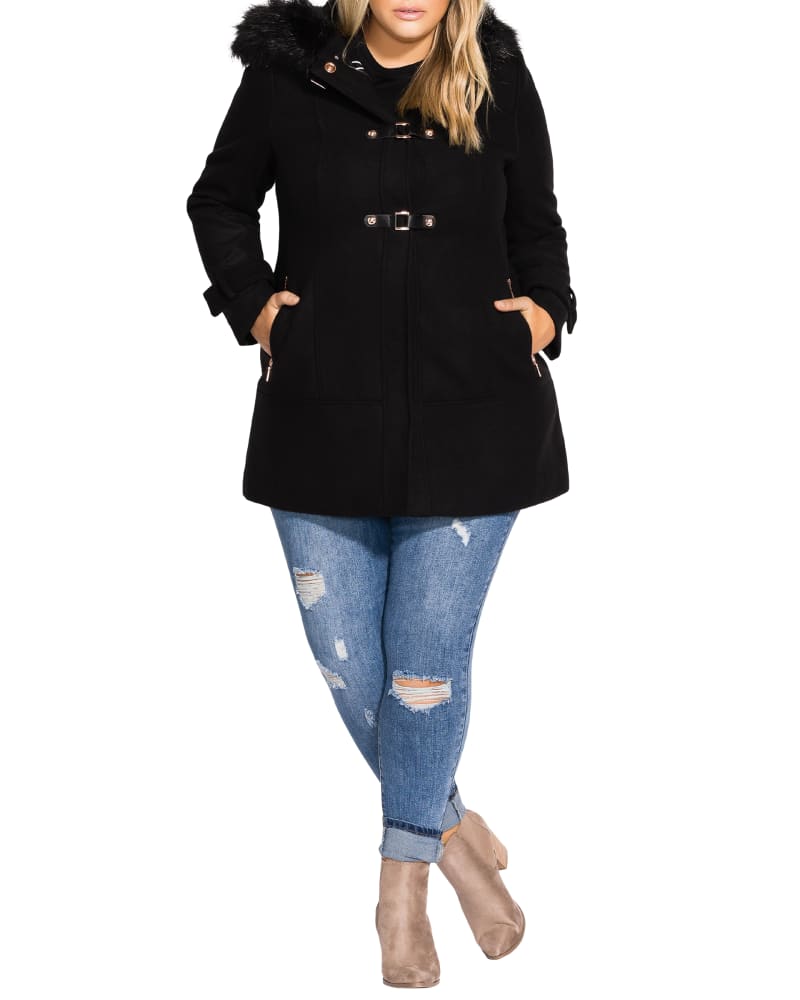 Front of a model wearing a size XXS Wonderwall Coat in Black by City Chic. | dia_product_style_image_id:234344